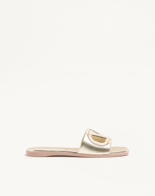 Valentino Garavani - Vlogo Cut-out Laminated Nappa Leather Slide Sandal - Platinum/antique Brass - Woman - Sandals